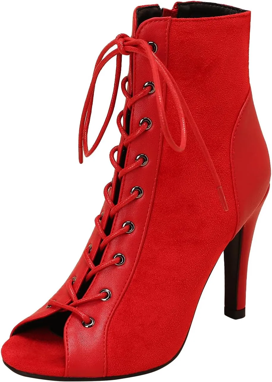 FENIKUSU Women's Ballroom Dance Shoes Peep Toe Gladiator Heeled Latin Salsa Boots Plus Size Model F7
