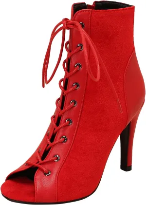 FENIKUSU Women's Ballroom Dance Shoes Peep Toe Gladiator Heeled Latin Salsa Boots Plus Size Model F7
