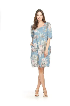 Floral Linen Short Sleeve Dress - Blue