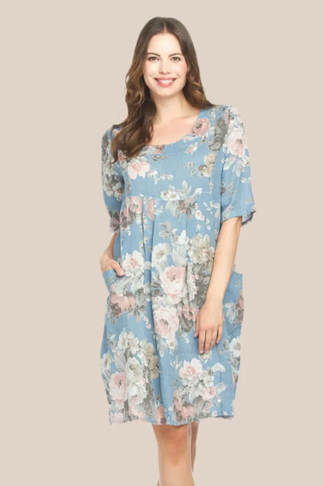 Floral Linen Short Sleeve Dress - Blue