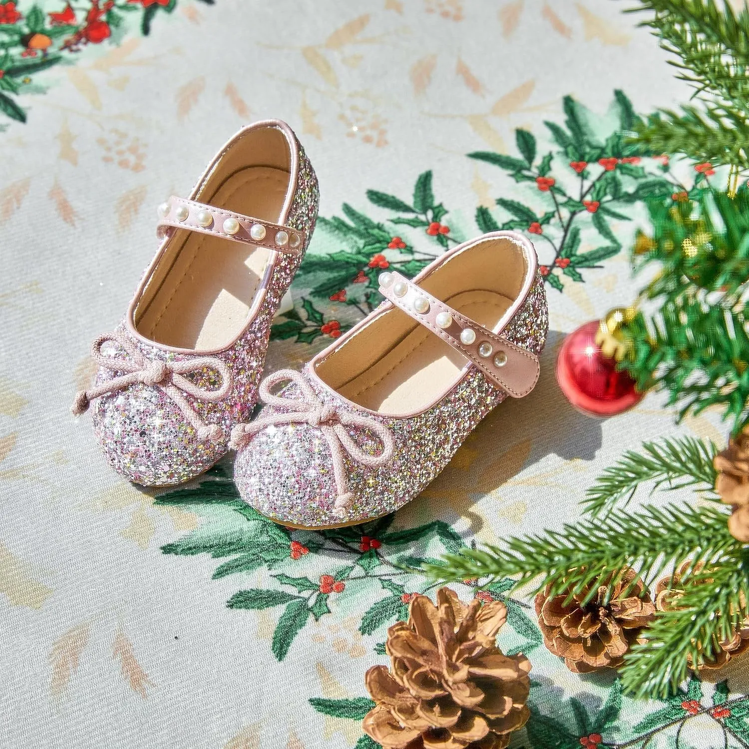 GINFIVE Toddler Girls Mary-Jane Little Girls Slip On Shoes Glitter Ballerina Flats Toddler