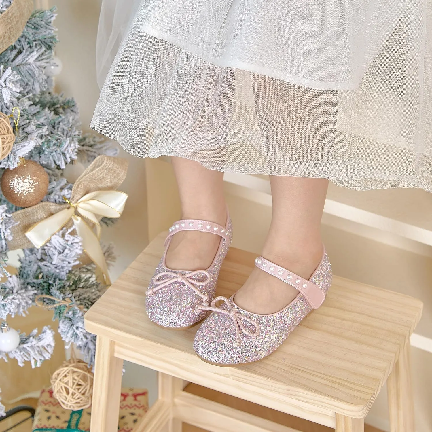 GINFIVE Toddler Girls Mary-Jane Little Girls Slip On Shoes Glitter Ballerina Flats Toddler
