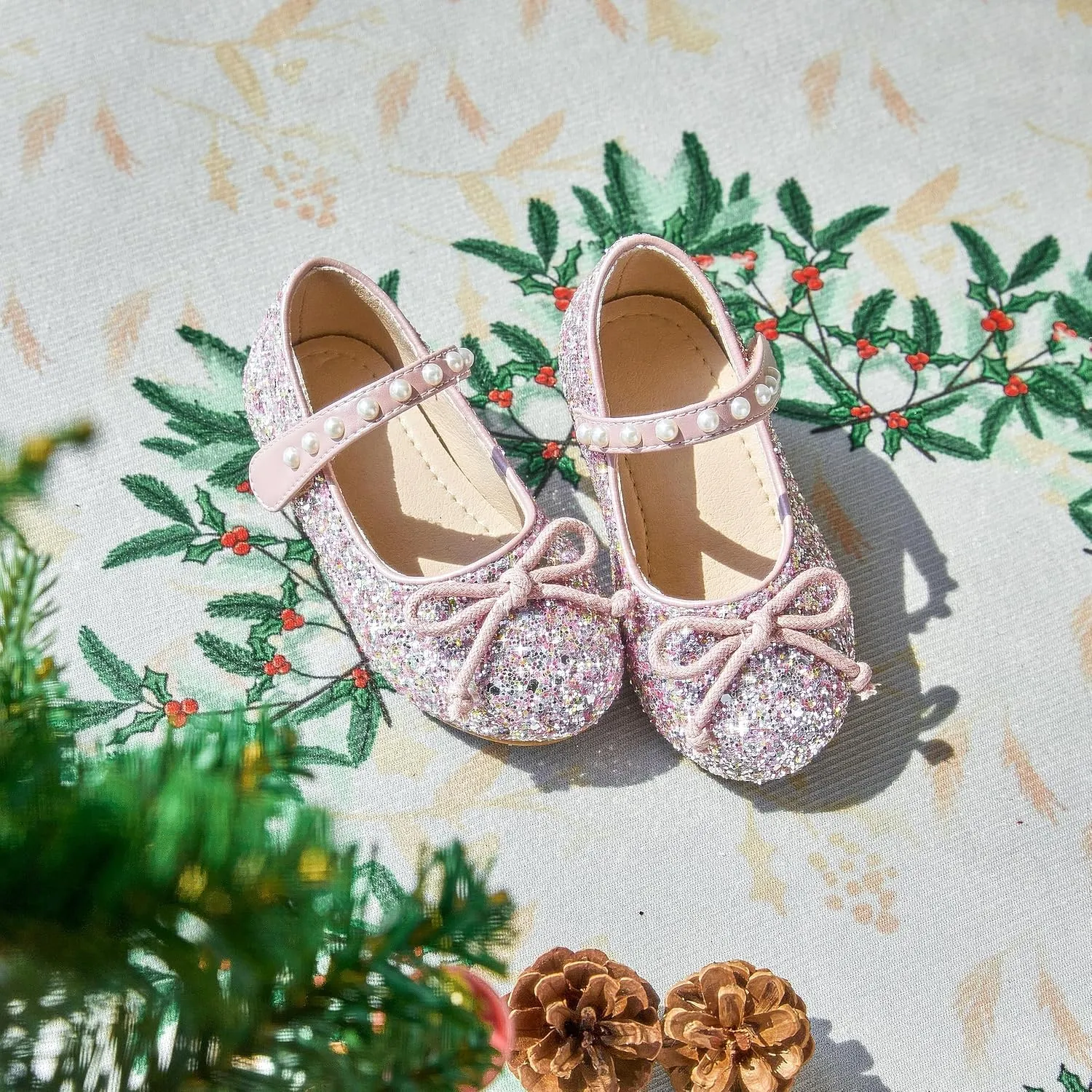 GINFIVE Toddler Girls Mary-Jane Little Girls Slip On Shoes Glitter Ballerina Flats Toddler