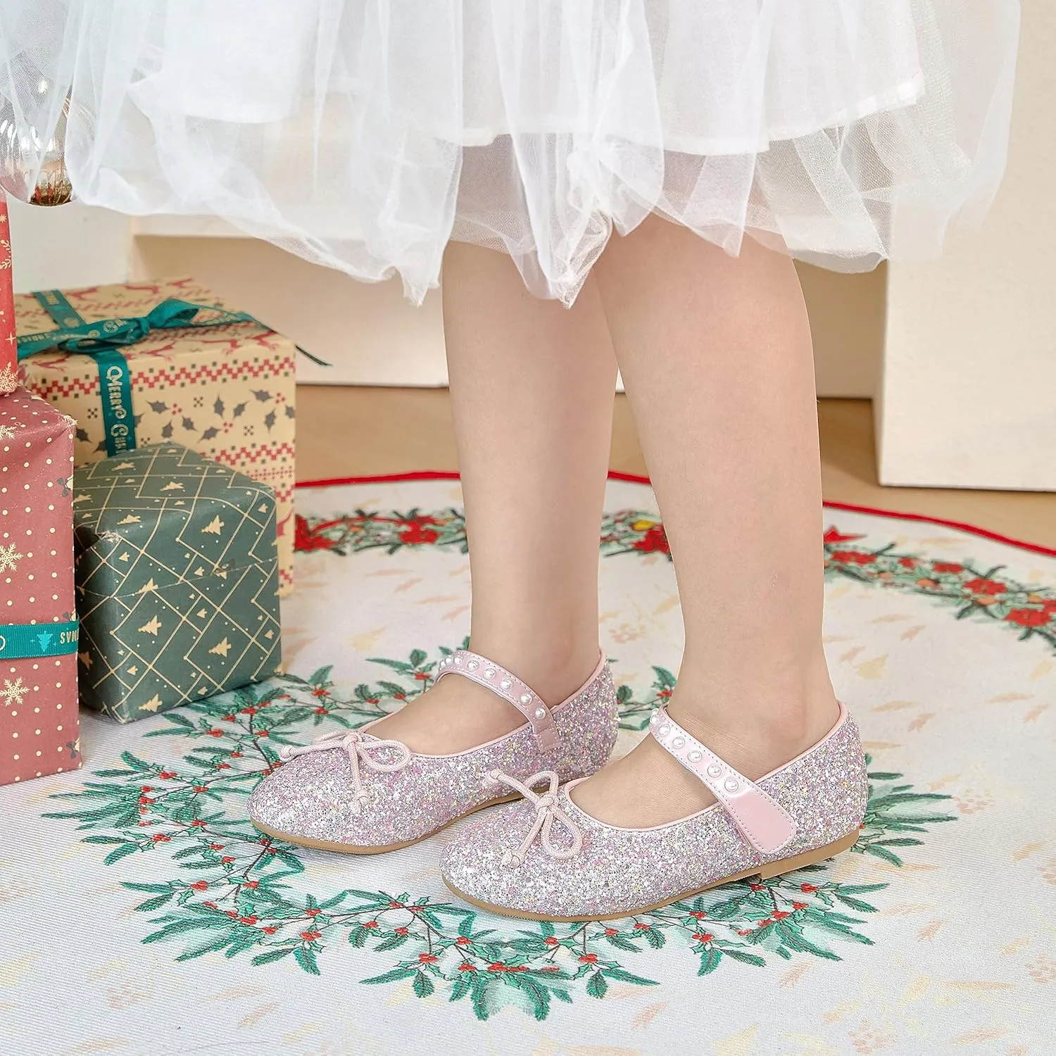 GINFIVE Toddler Girls Mary-Jane Little Girls Slip On Shoes Glitter Ballerina Flats Toddler