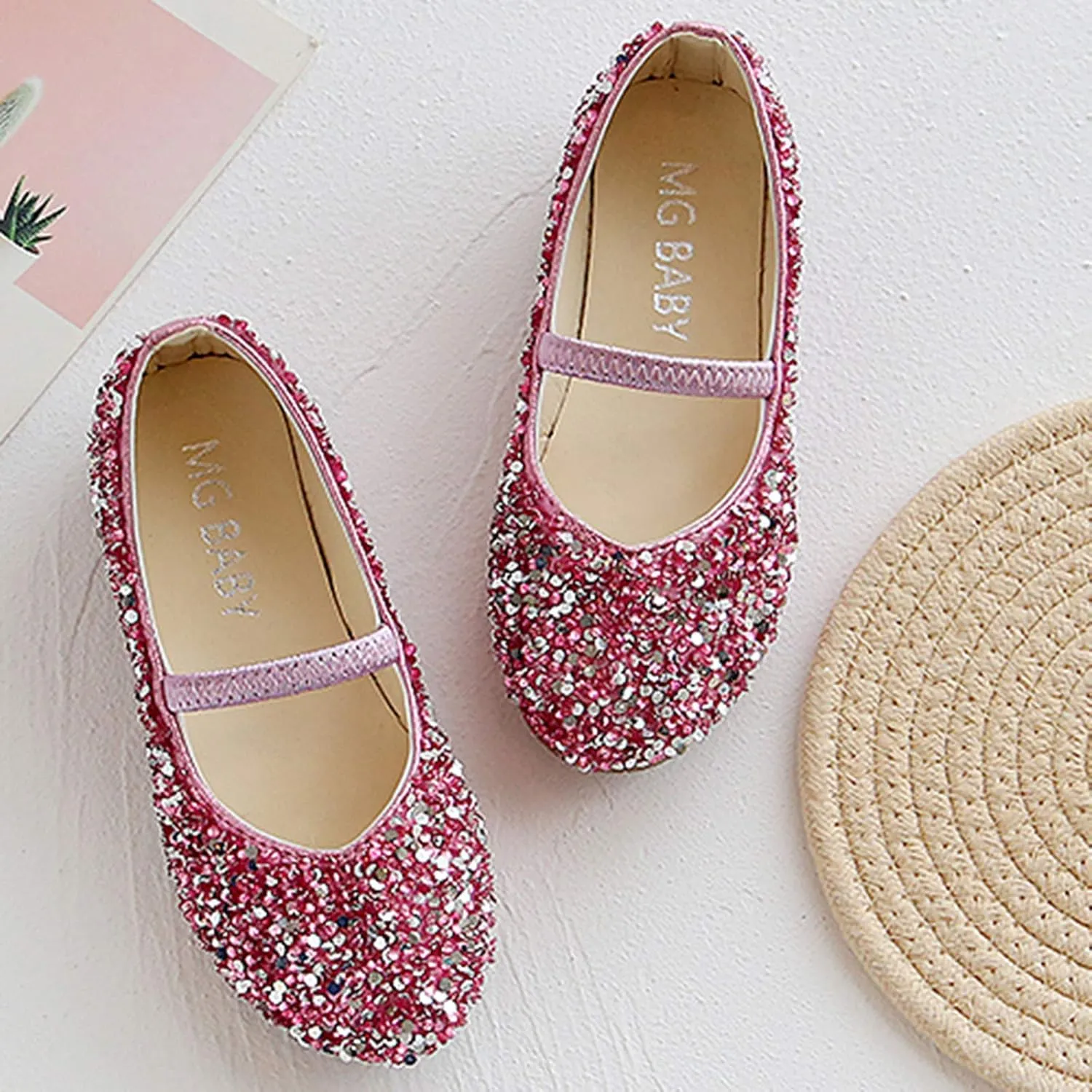 Girls Dress Shoes Glitter Princess Shoe Flower Mary Jane Low Heels Party Wedding Prom Footwear for Toddler Kids