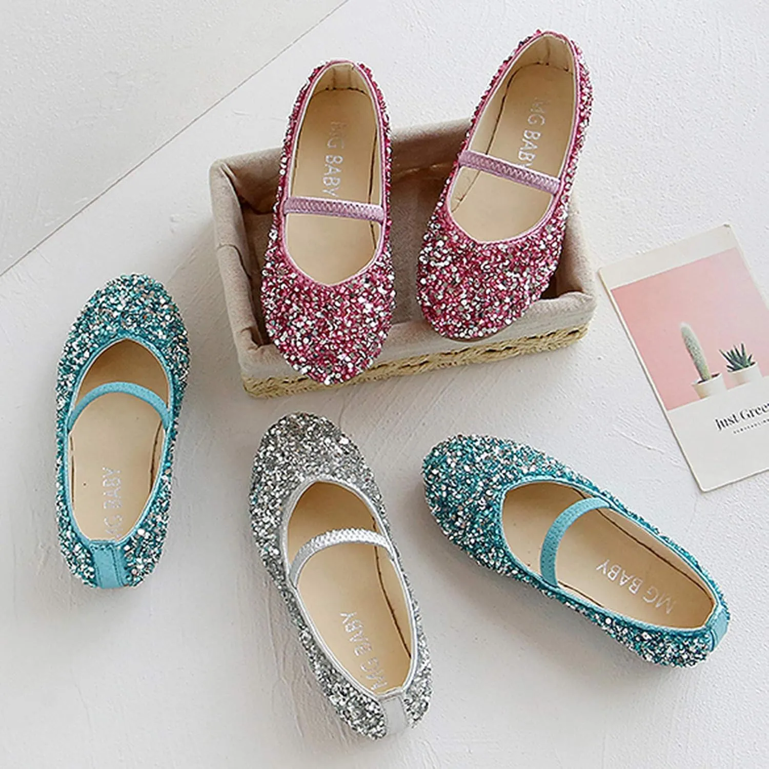 Girls Dress Shoes Glitter Princess Shoe Flower Mary Jane Low Heels Party Wedding Prom Footwear for Toddler Kids