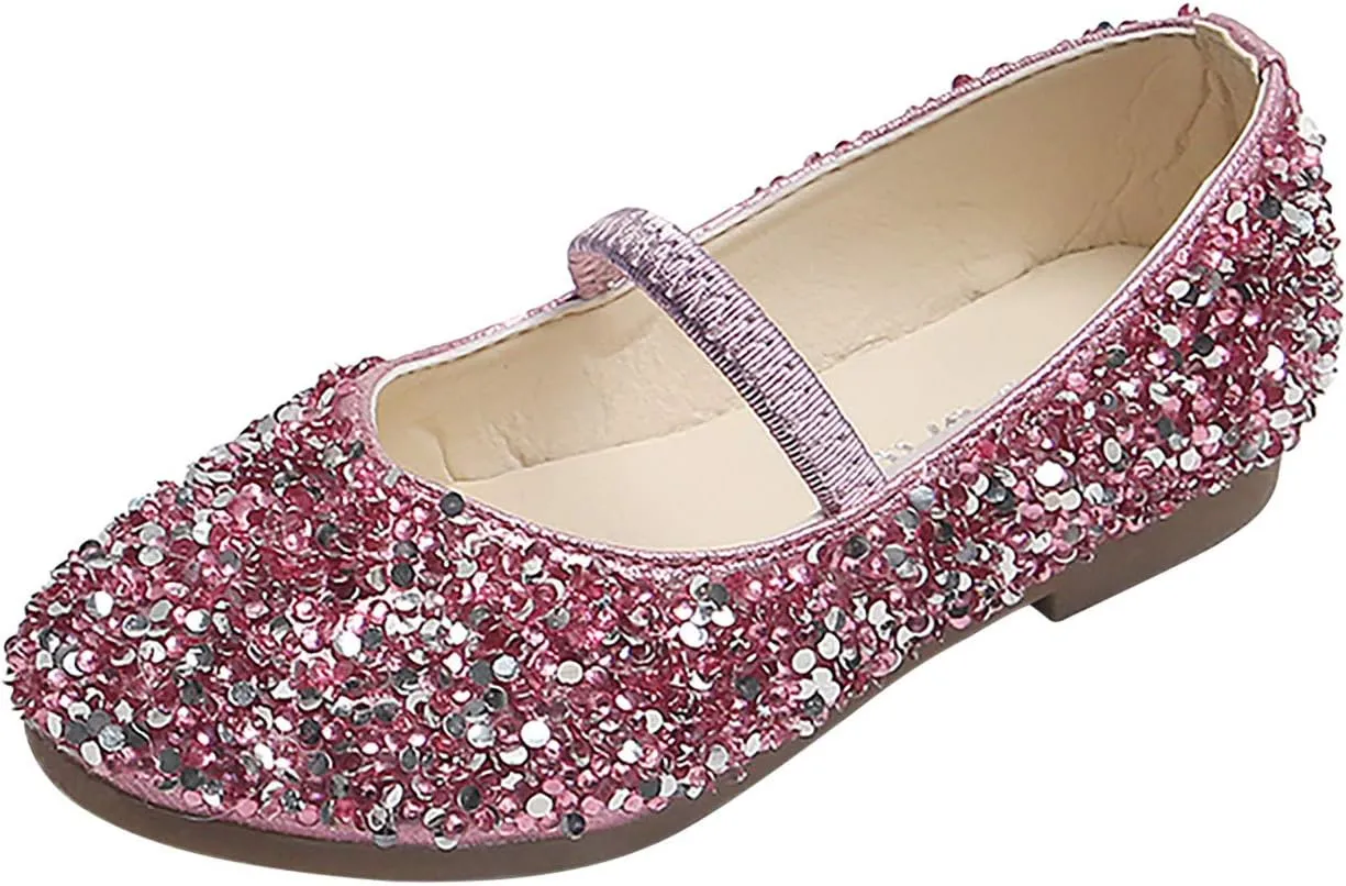 Girls Dress Shoes Glitter Princess Shoe Flower Mary Jane Low Heels Party Wedding Prom Footwear for Toddler Kids