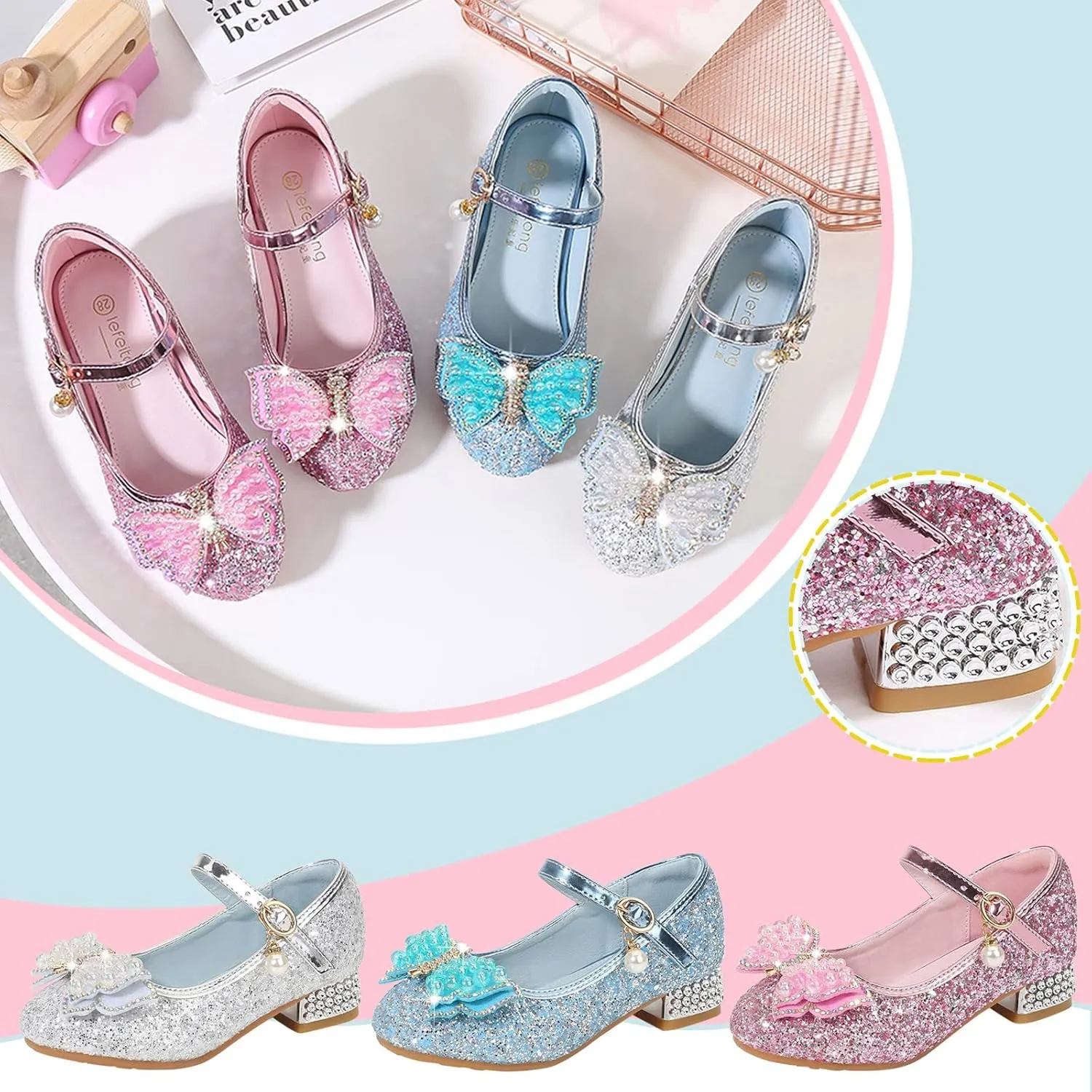 Girls Heels, Mary Jane Glitter Shoes Bows Sequin Party Footwear Dress Shoes Flower Girls Toddler Girls Dress Shoes