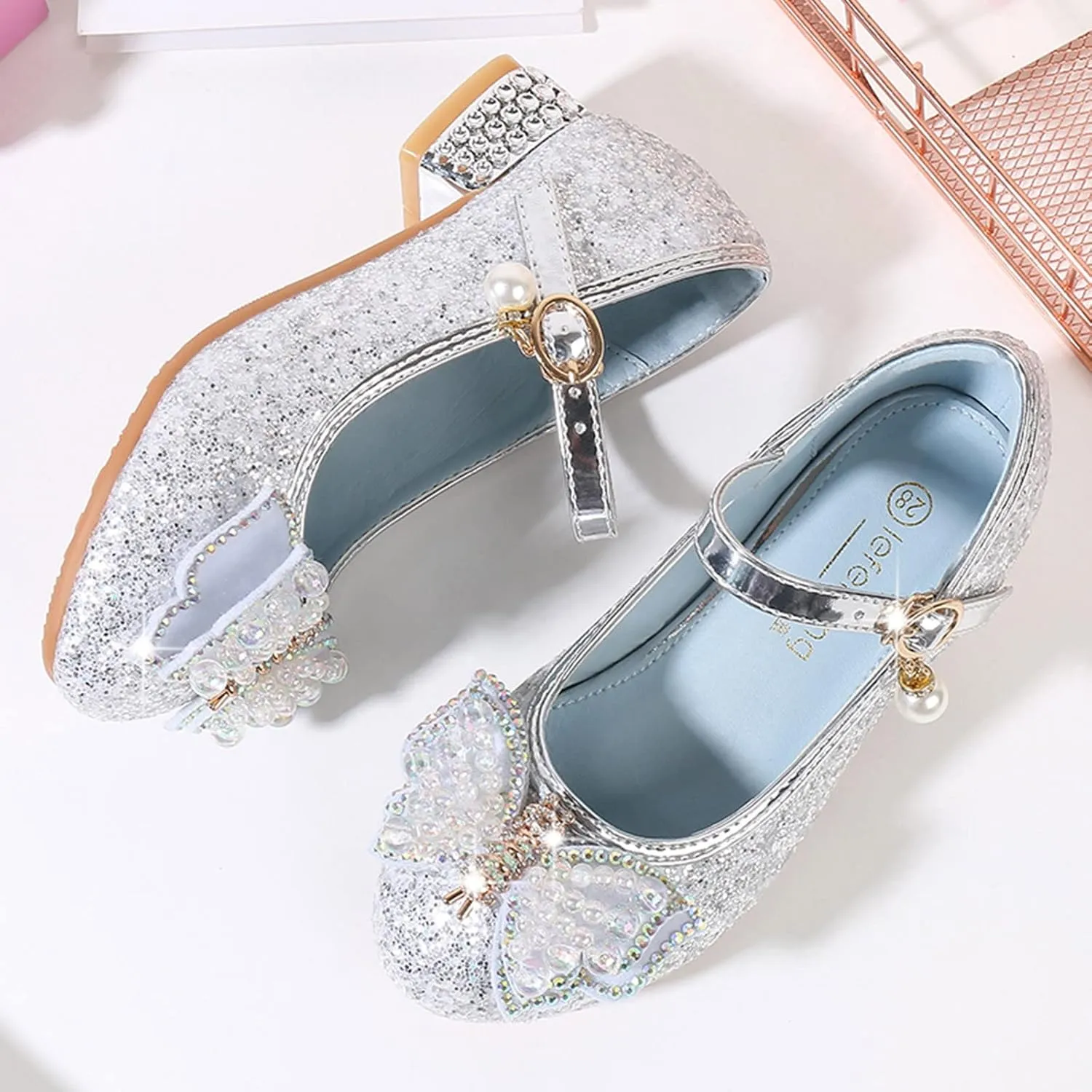 Girls Heels, Mary Jane Glitter Shoes Bows Sequin Party Footwear Dress Shoes Flower Girls Toddler Girls Dress Shoes