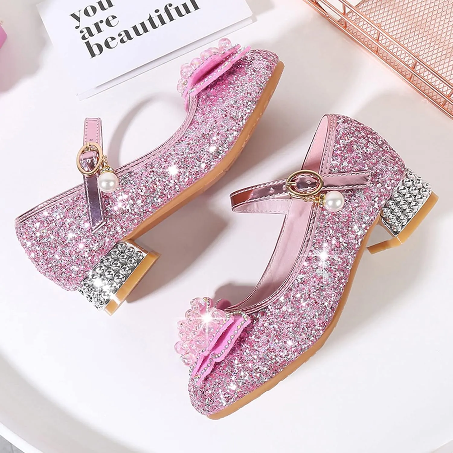 Girls Heels, Mary Jane Glitter Shoes Bows Sequin Party Footwear Dress Shoes Flower Girls Toddler Girls Dress Shoes