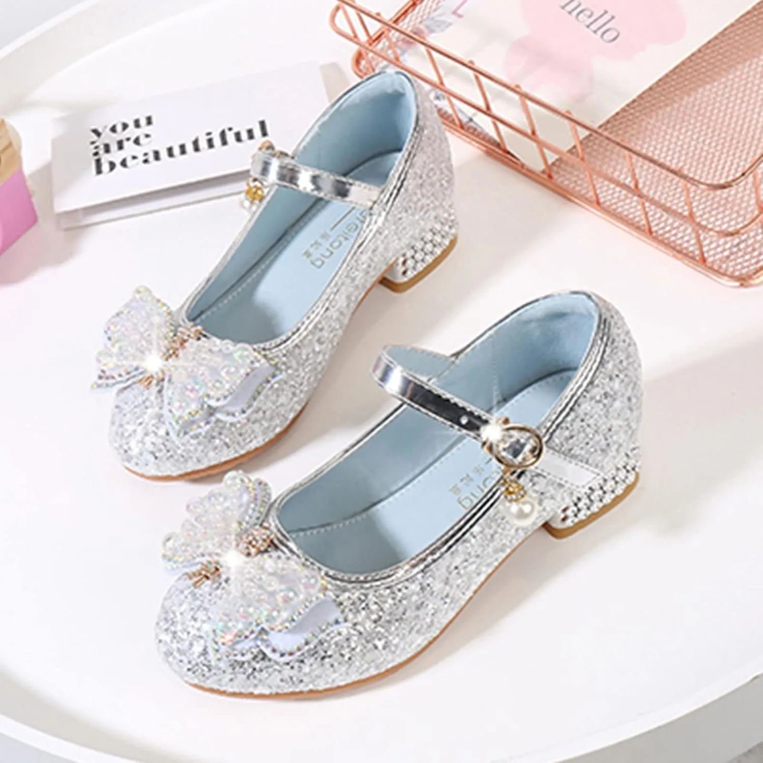 Girls Heels, Mary Jane Glitter Shoes Bows Sequin Party Footwear Dress Shoes Flower Girls Toddler Girls Dress Shoes