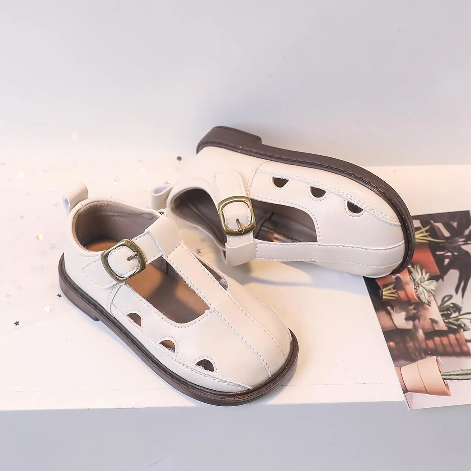 Girls Leather Closed Toe Hollow Sandals Mary Jane Ballet Flat Dress Shoes Toddler School Pary Princess Shoes