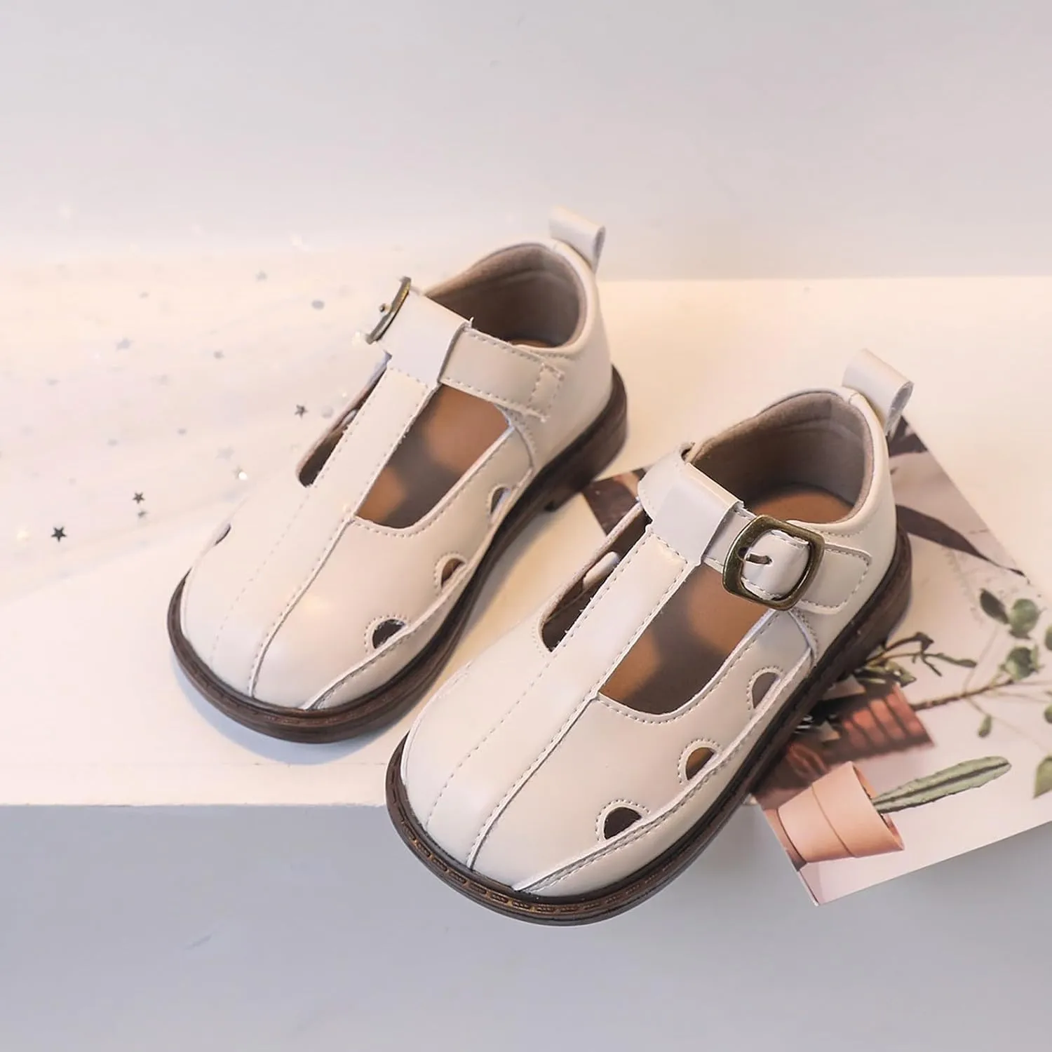 Girls Leather Closed Toe Hollow Sandals Mary Jane Ballet Flat Dress Shoes Toddler School Pary Princess Shoes