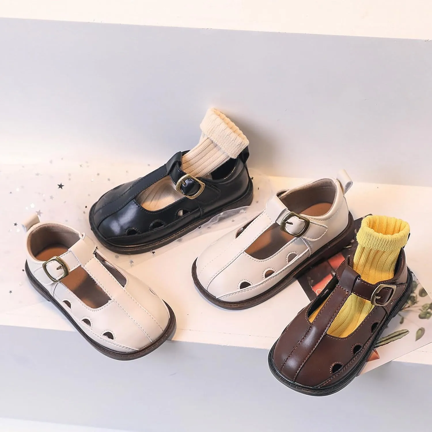 Girls Leather Closed Toe Hollow Sandals Mary Jane Ballet Flat Dress Shoes Toddler School Pary Princess Shoes