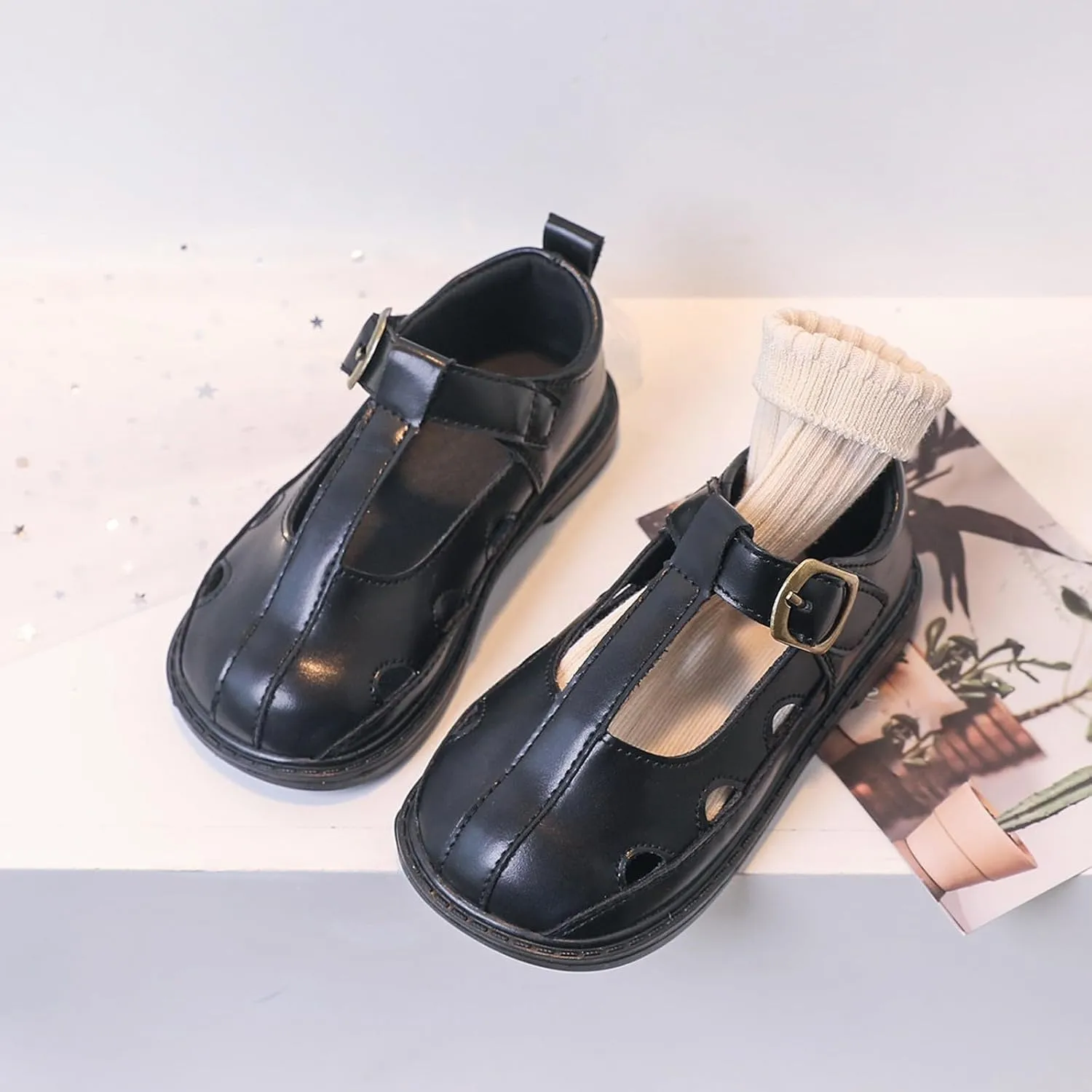 Girls Leather Closed Toe Hollow Sandals Mary Jane Ballet Flat Dress Shoes Toddler School Pary Princess Shoes