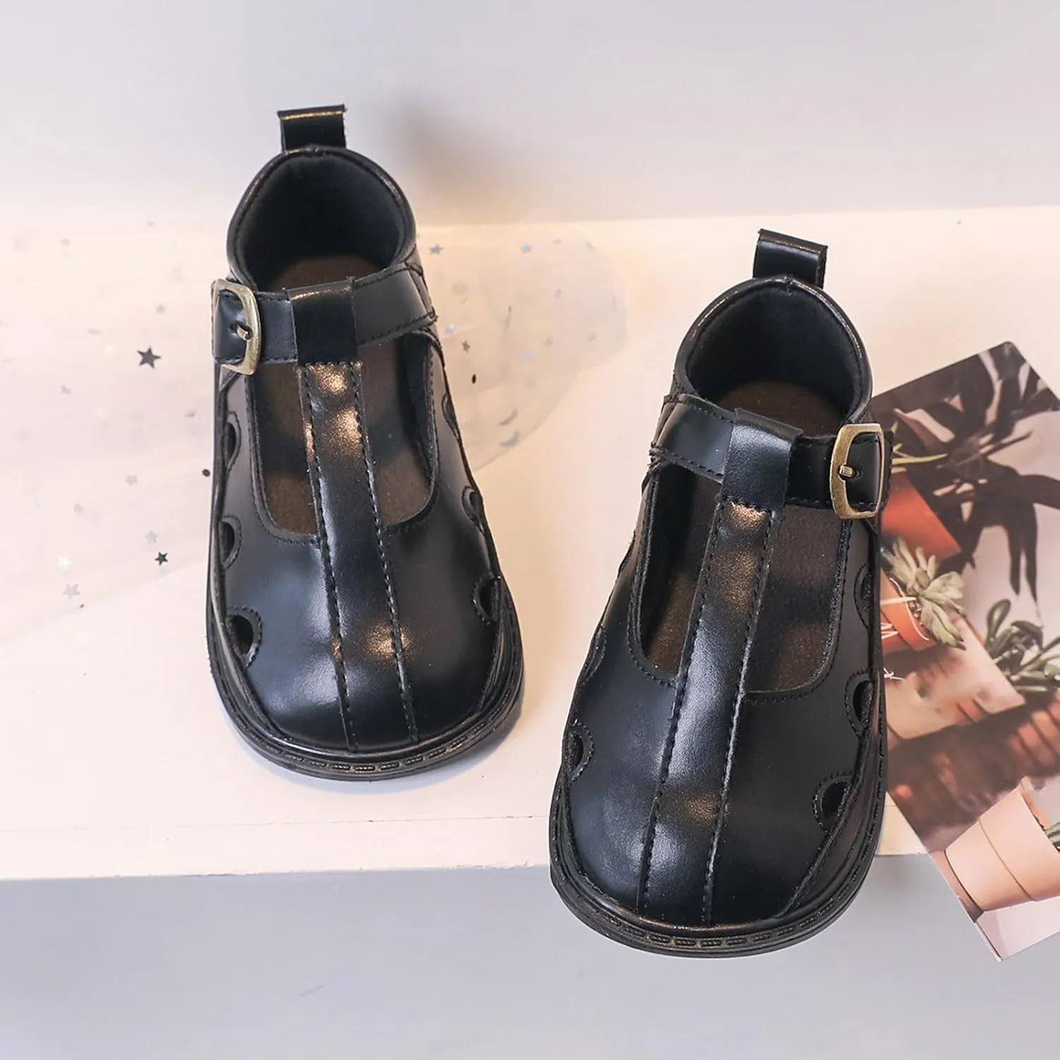 Girls Leather Closed Toe Hollow Sandals Mary Jane Dress Shoes Ballet Flat Toddler School Pary Princess Shoes