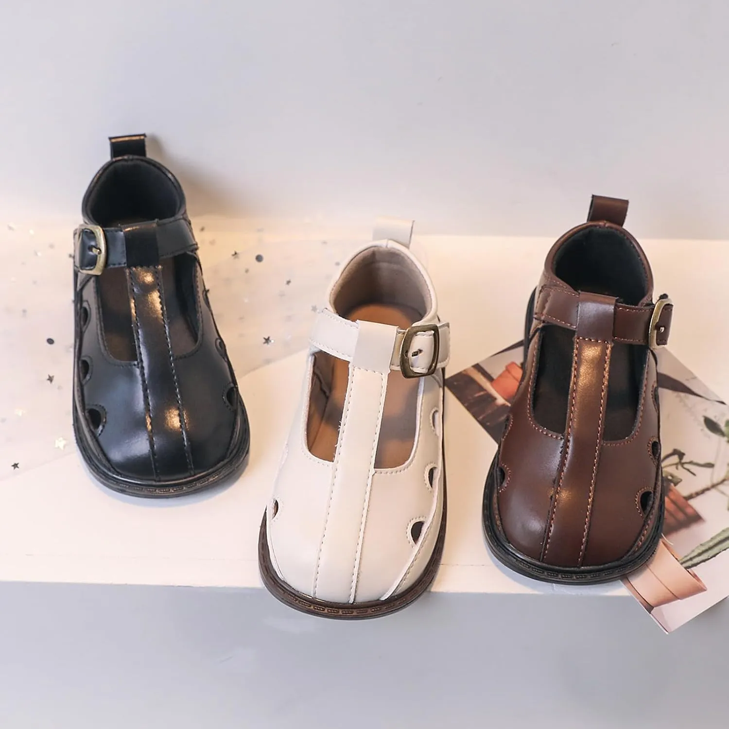 Girls Leather Closed Toe Hollow Sandals Mary Jane Dress Shoes Ballet Flat Toddler School Pary Princess Shoes