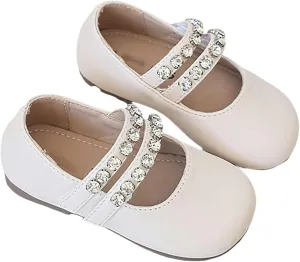 Girls Leather Flat Mary Jane Dress Shoes with Pearl Strap Kids Wedding Part School Big Kids Slippers for Girls
