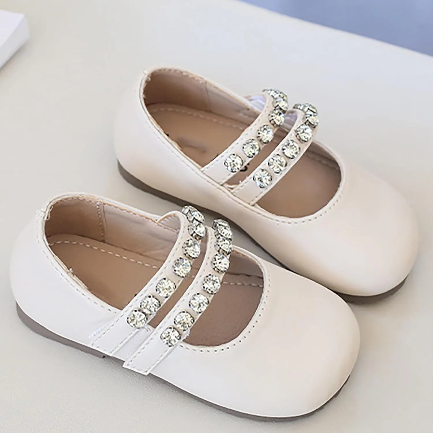 Girls Leather Flat Mary Jane Dress Shoes with Pearl Strap Kids Wedding Part School Big Kids Slippers for Girls