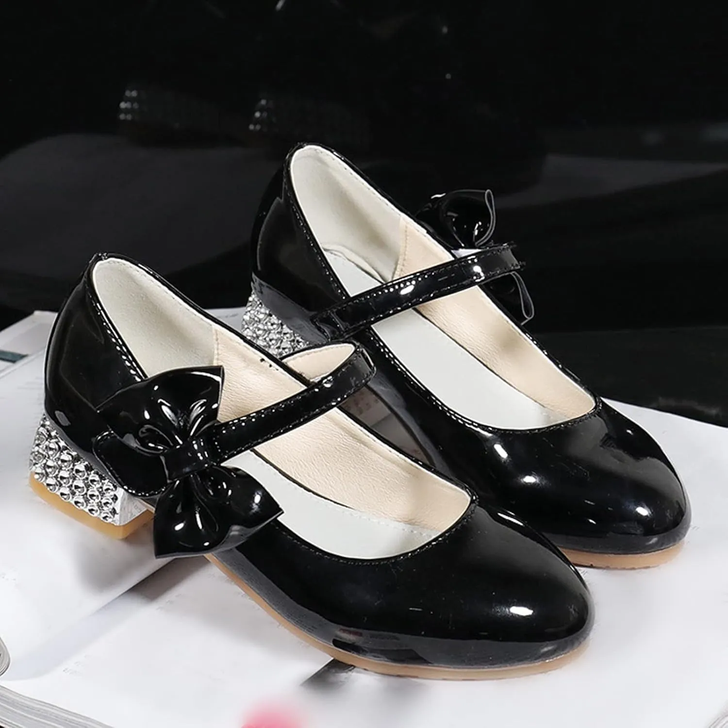 Girls Mary Jane Dress Shoes for Kids Bowknot Hook and Loop Low Heel Flower Girl Wedding Flat Kids Wide Tennis Shoes