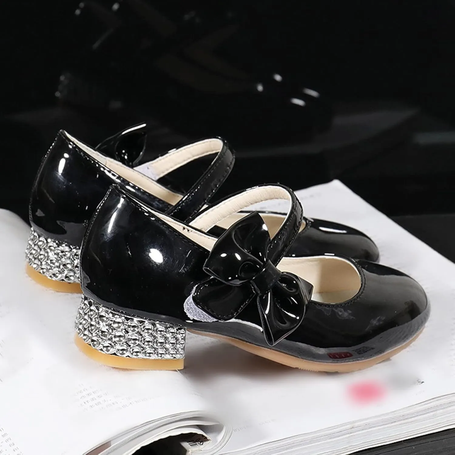 Girls Mary Jane Dress Shoes for Kids Bowknot Hook and Loop Low Heel Flower Girl Wedding Flat Kids Wide Tennis Shoes