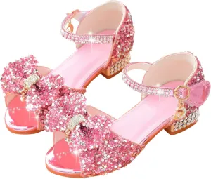 Girls Sandals Glitter Bow Dress Shoes Princess High Heels Sequins Party Wedding Flower Girls Shoes for Kids Toddlers