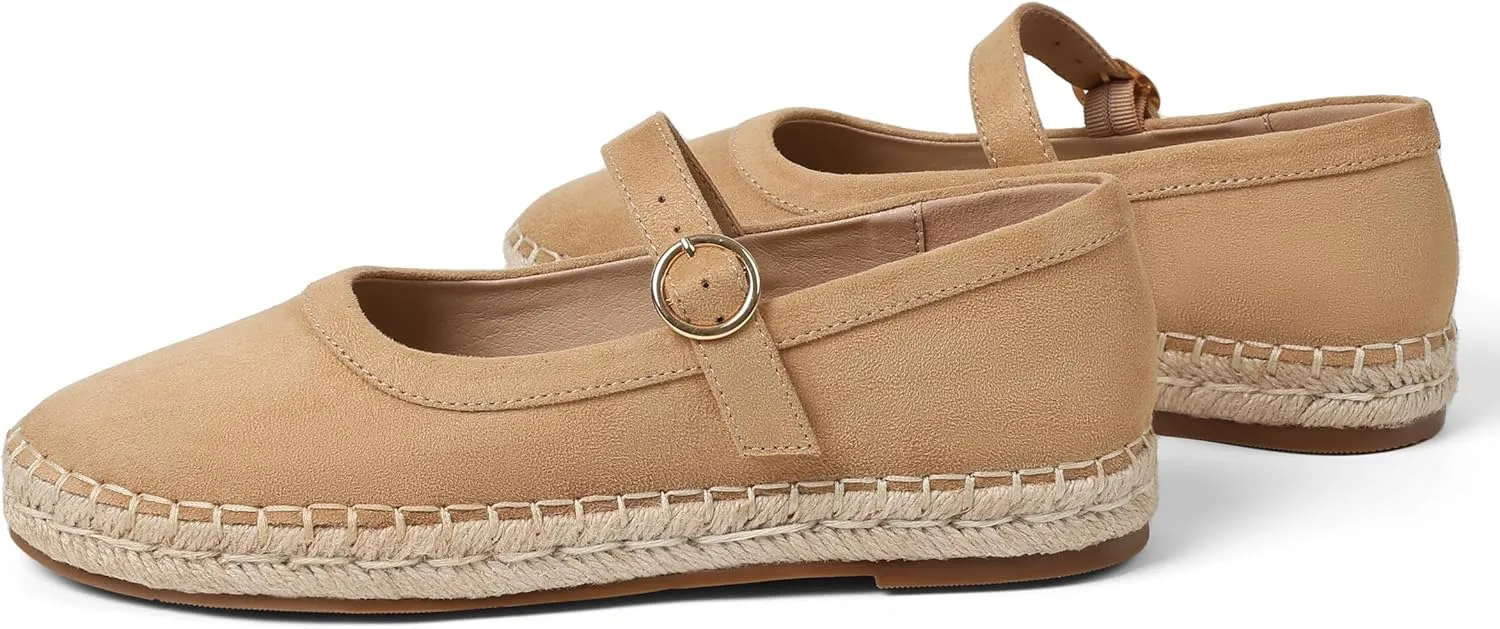 Goiphrri Brown Ballet Flats Shoes for Women Comfortable Mary Jane Flats Round Toe Espadrilles Platform Mary Janes Buckle Strap Suede Ballerina Flats for Women