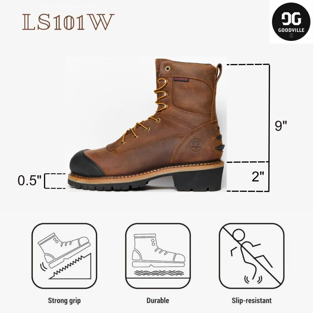 GOODVILLE Men's Catskill-Series 9" Composite Toe Waterproof Logger Work Boots for Men, ASTM-F2413 EH-Rated, Lace Up Industrial and Construstion Work Shoes with Oil and Slip Resistant Outsole, Durable, Quick Dry, Comfortable, Brown - LS101W