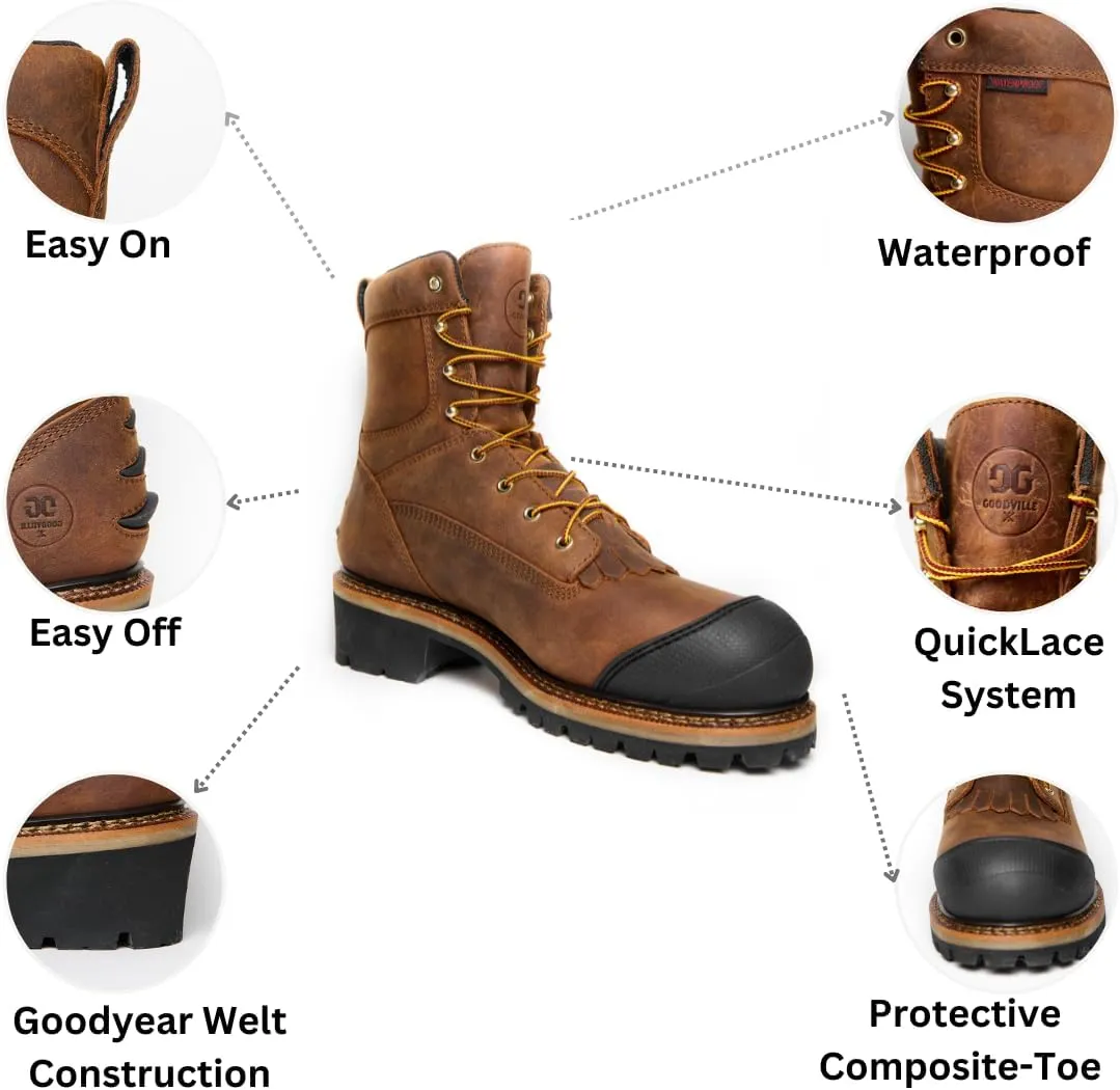 GOODVILLE Men's Catskill-Series 9" Composite Toe Waterproof Logger Work Boots for Men, ASTM-F2413 EH-Rated, Lace Up Industrial and Construstion Work Shoes with Oil and Slip Resistant Outsole, Durable, Quick Dry, Comfortable, Brown - LS101W