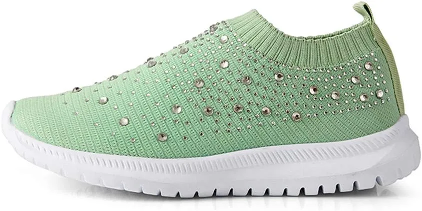 GOSPT Women's Mesh Walking Shoes Rhinestone Glitter Slip On Ballroom Jazz Latin Dance Sock Sneakers
