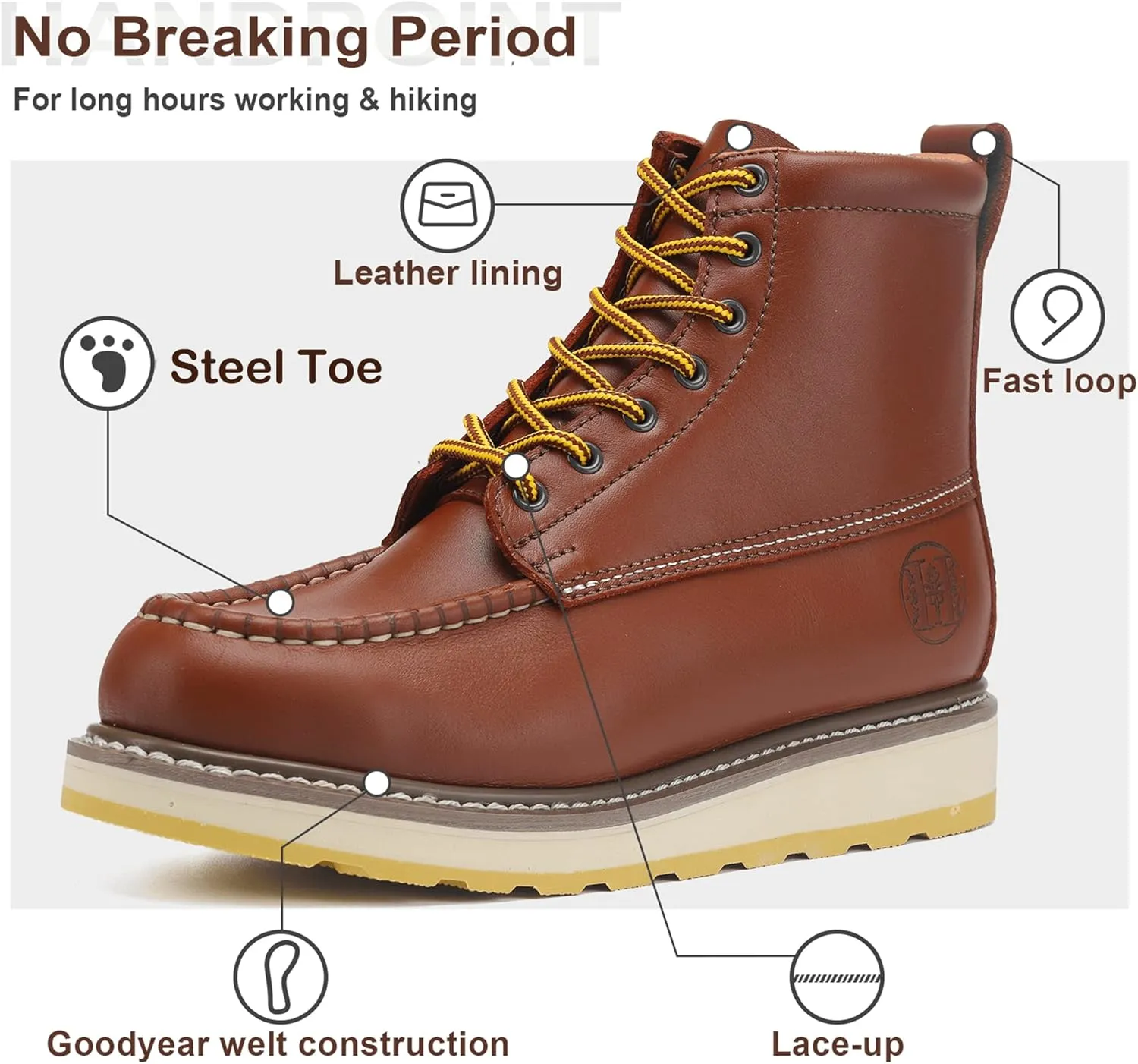 HANDPOINT Work Boots For Men Steel Toe  SURETRACK Men's 6" Leather Slip Resistant Durability Breathable Work Shoes  84992,Brown