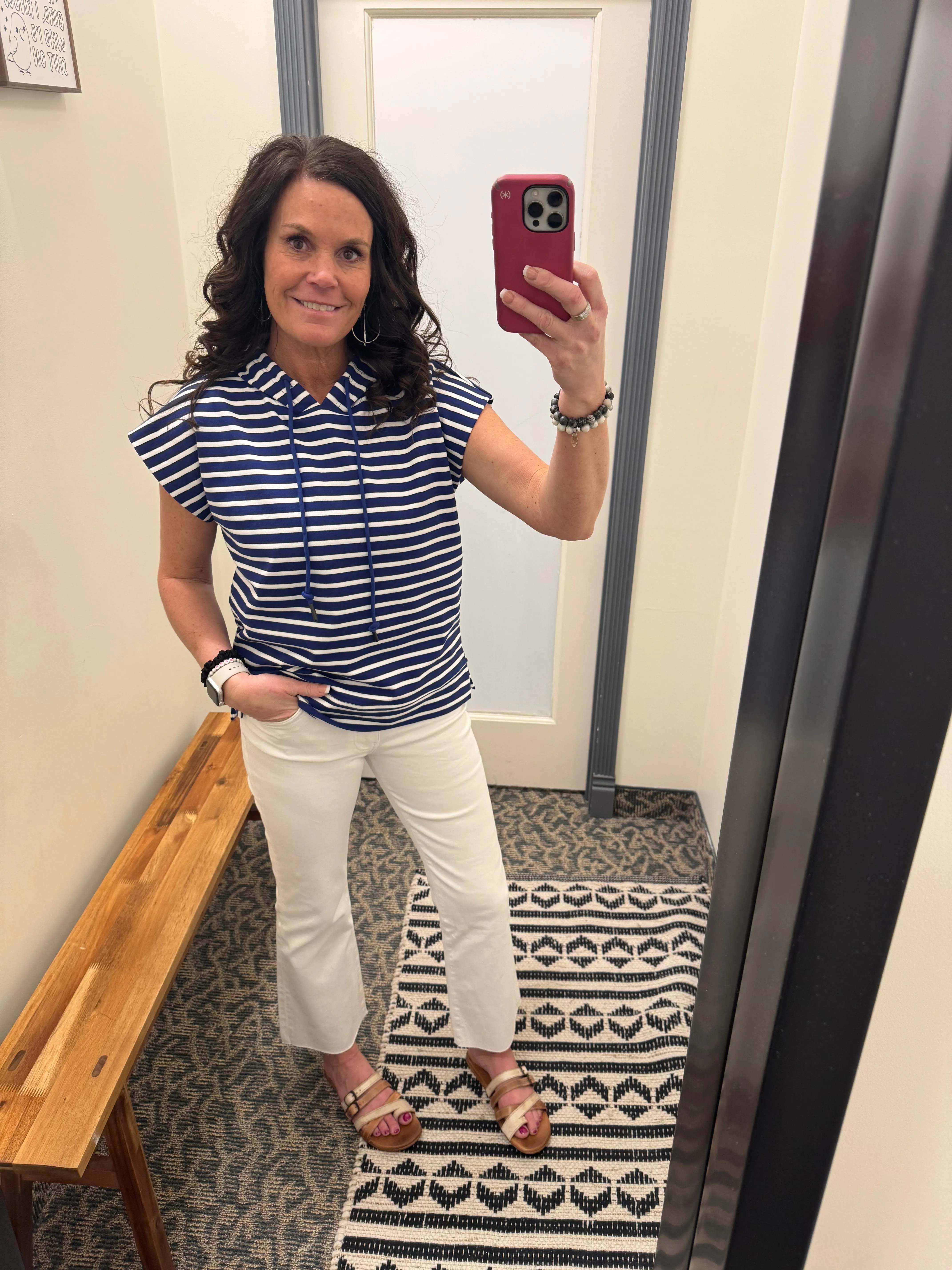 Ivory/Blue Short Sleeve Hooded Pullover