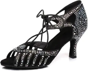 JUODVMP Women's Latin Dance Shoes with Rhinestone Peep Toe Lace Up Ballroom Salsa Tango Practice Performance Dance Shoes,Model YCL452