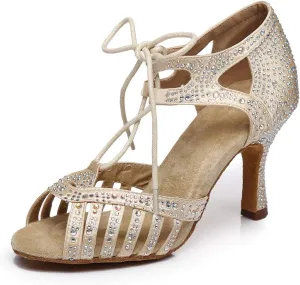JUODVMP Women's Latin Dance Shoes with Rhinestone Peep Toe Lace Up Ballroom Salsa Tango Practice Performance Dance Shoes,Model YCL452