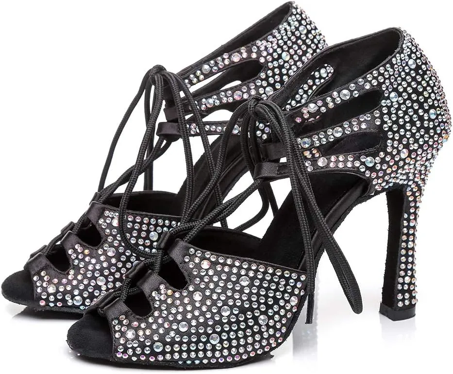 JUODVMP Women's Latin Dance Shoes with Rhinestone Peep Toe Lace Up Ballroom Salsa Tango Practice Performance Dance Shoes,Model YCL452