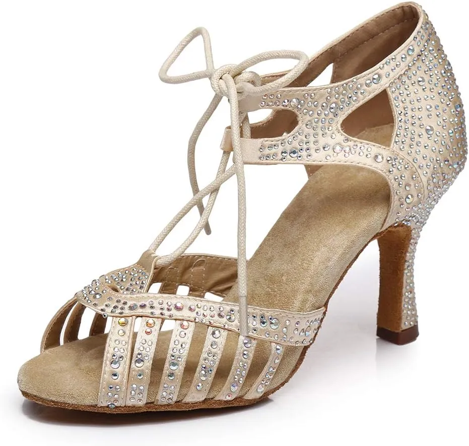JUODVMP Women's Latin Dance Shoes with Rhinestone Peep Toe Lace Up Ballroom Salsa Tango Practice Performance Dance Shoes,Model YCL452