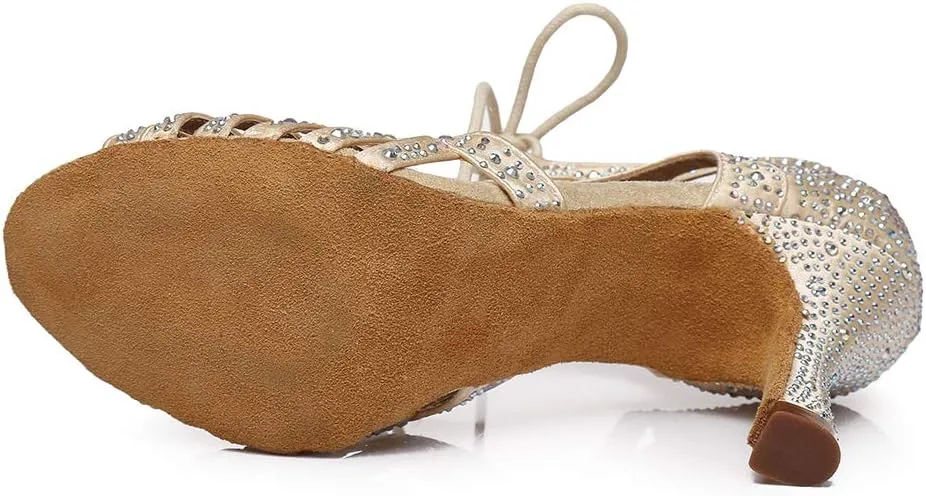 JUODVMP Women's Latin Dance Shoes with Rhinestone Peep Toe Lace Up Ballroom Salsa Tango Practice Performance Dance Shoes,Model YCL452