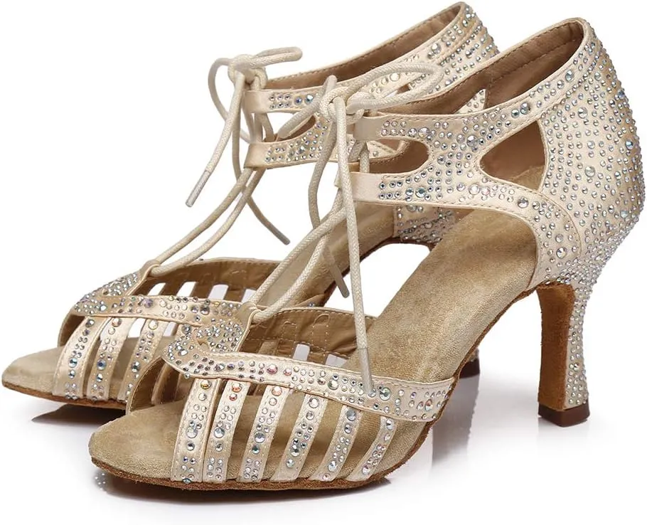 JUODVMP Women's Latin Dance Shoes with Rhinestone Peep Toe Lace Up Ballroom Salsa Tango Practice Performance Dance Shoes,Model YCL452