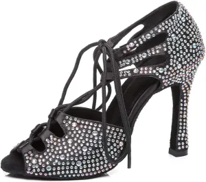 JUODVMP Women's Latin Dance Shoes with Rhinestone Peep Toe Lace Up Ballroom Salsa Tango Practice Performance Dance Shoes,Model YCL452