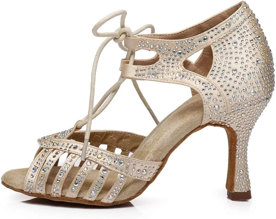 JUODVMP Women's Latin Dance Shoes with Rhinestone Peep Toe Lace Up Ballroom Salsa Tango Practice Performance Dance Shoes,Model YCL452
