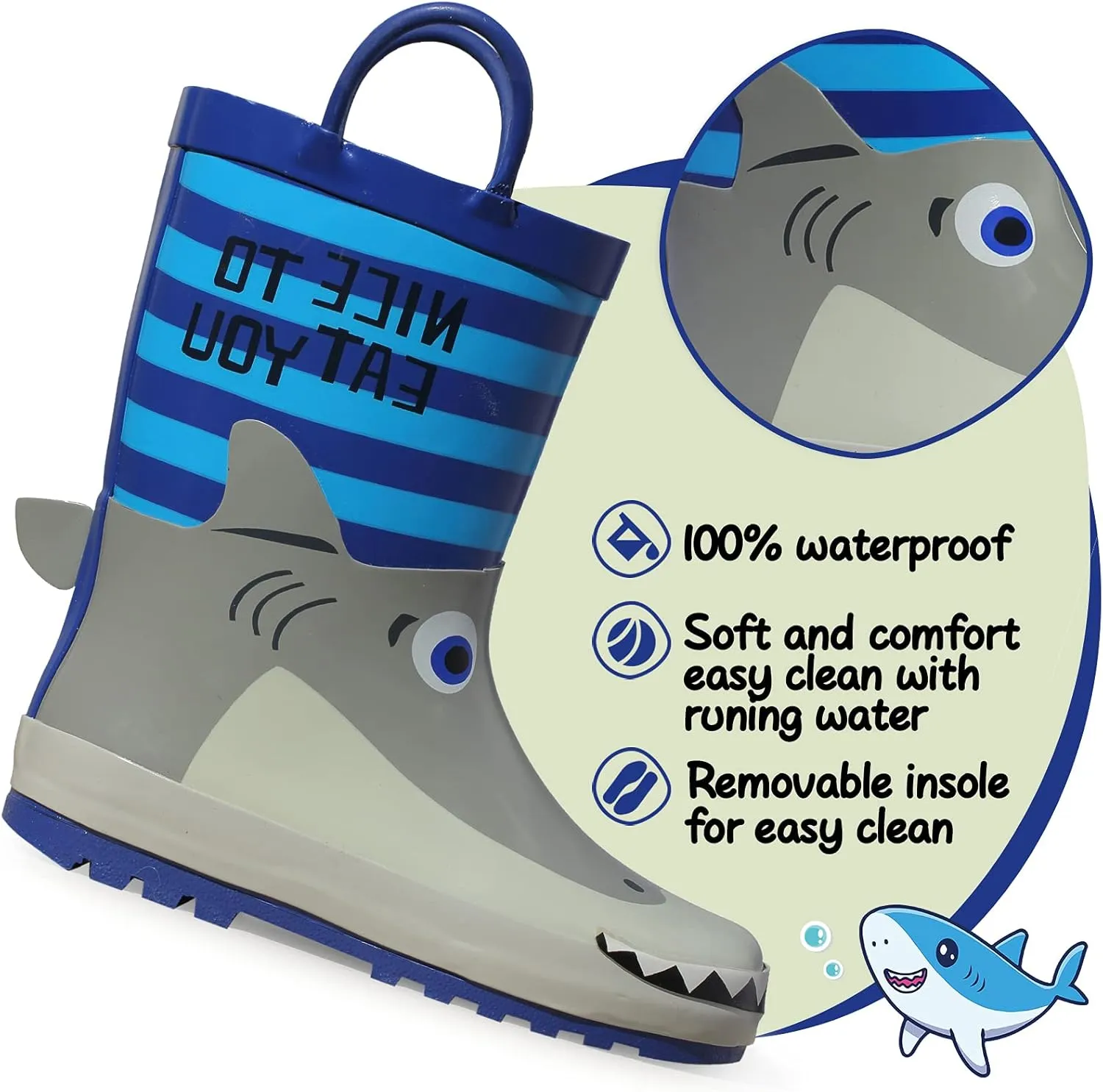 K KomForme Kids Rain Boots Waterproof Printed Rubber boots with Handles