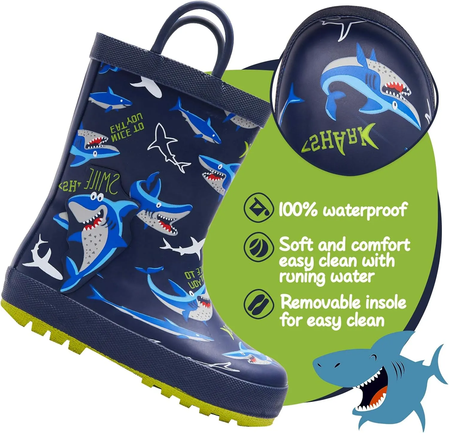 K KomForme Kids Rain Boots Waterproof Printed Rubber boots with Handles