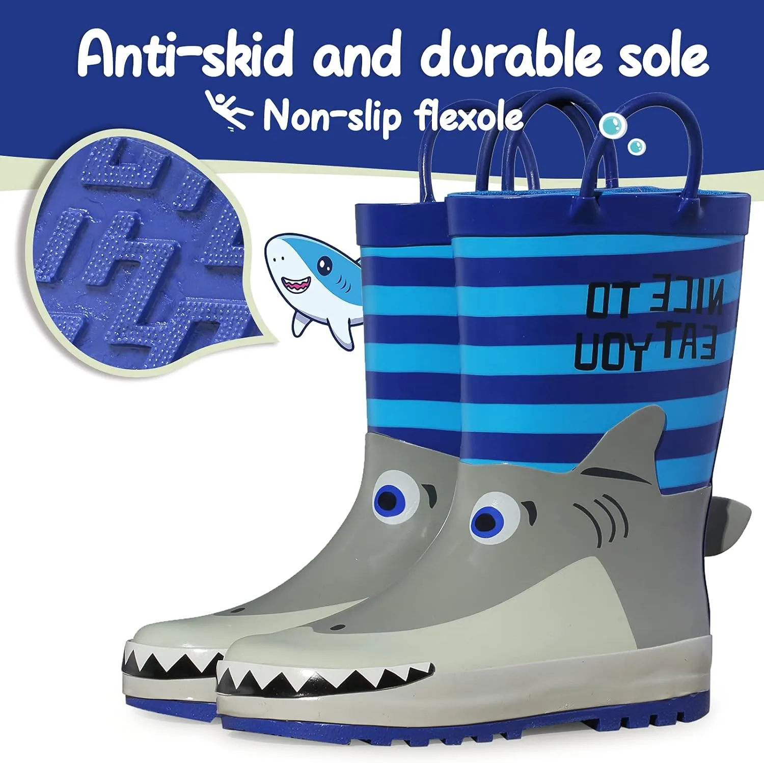 K KomForme Kids Rain Boots Waterproof Printed Rubber boots with Handles