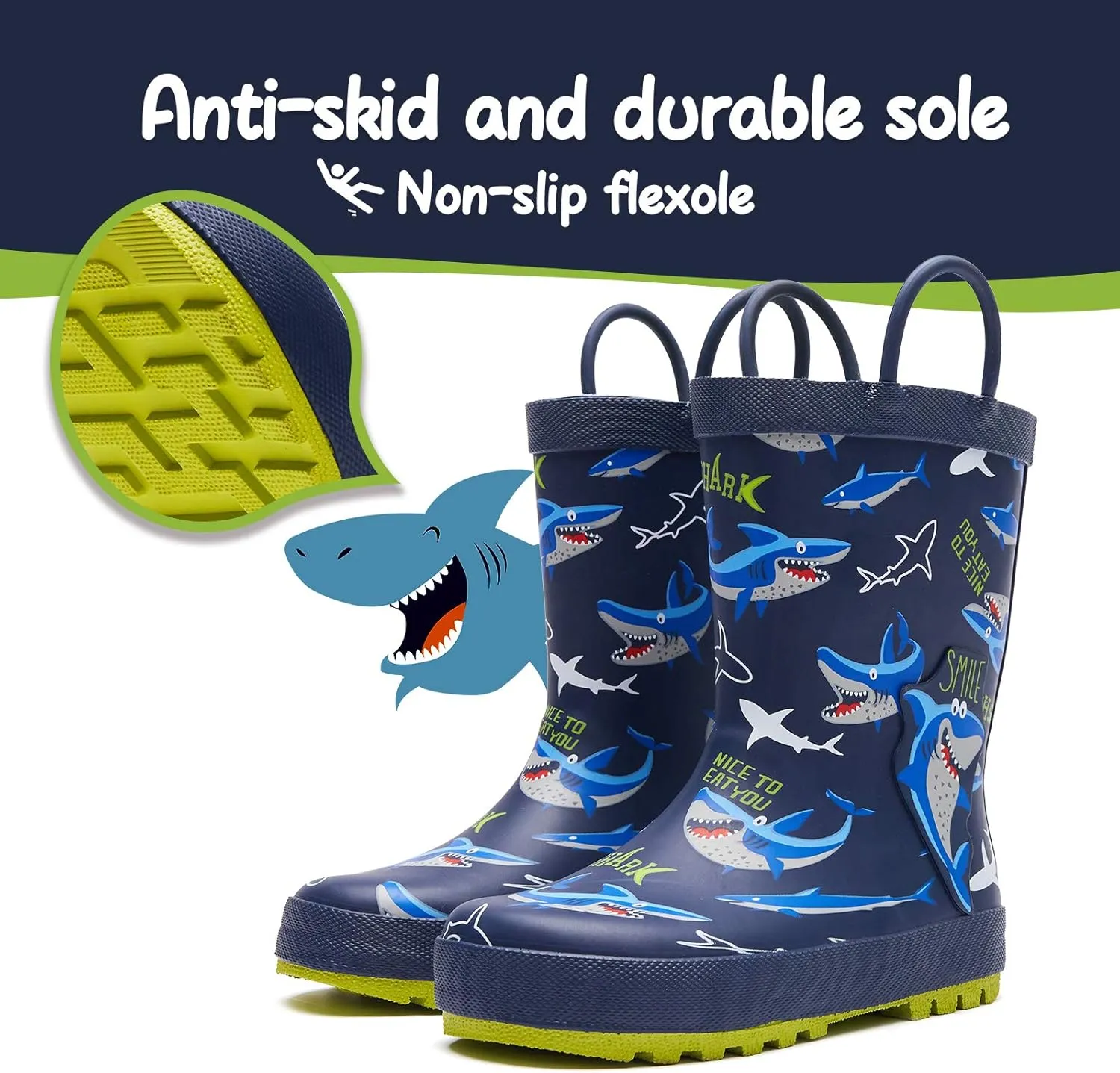 K KomForme Kids Rain Boots Waterproof Printed Rubber boots with Handles
