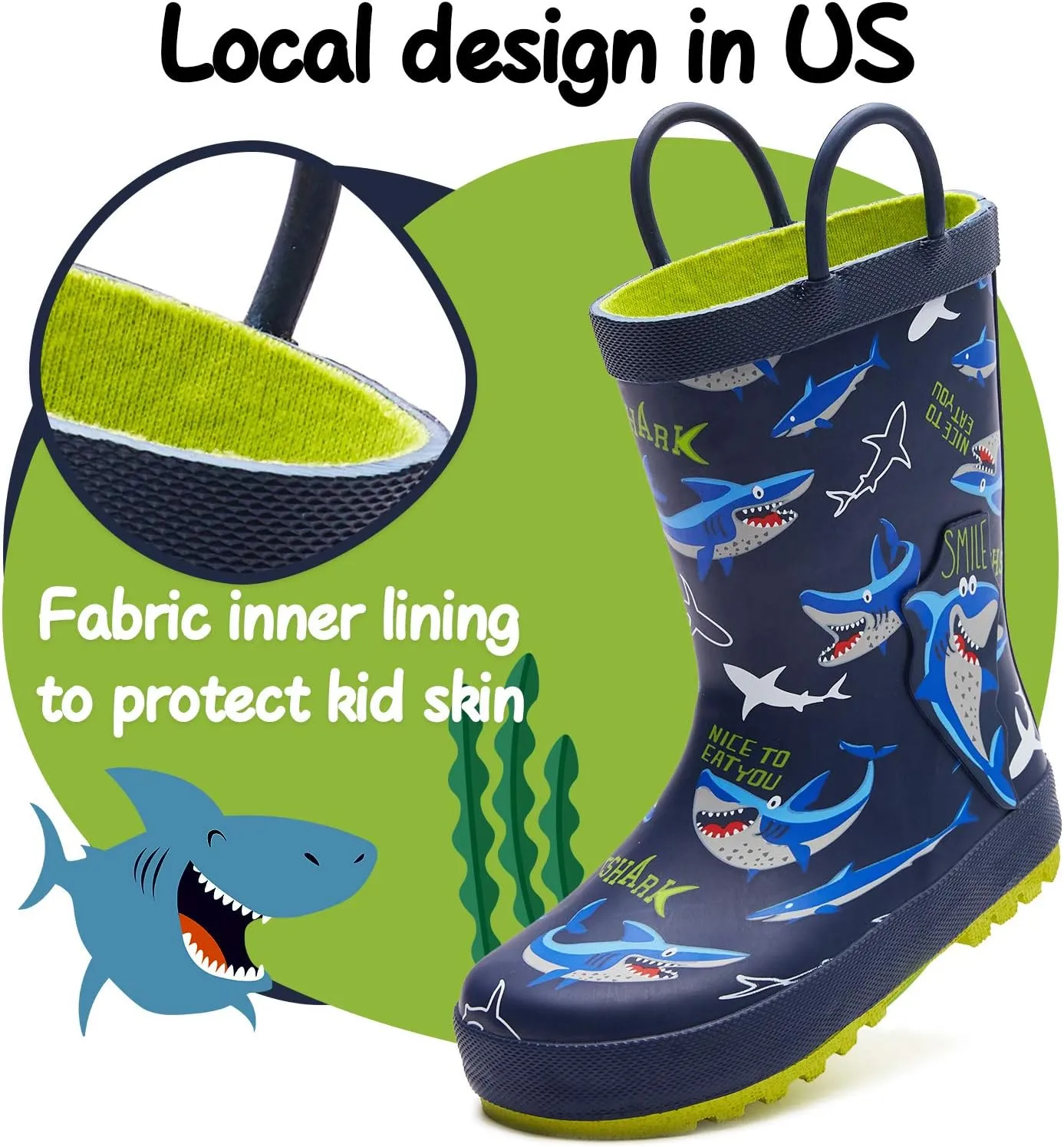 K KomForme Kids Rain Boots Waterproof Printed Rubber boots with Handles