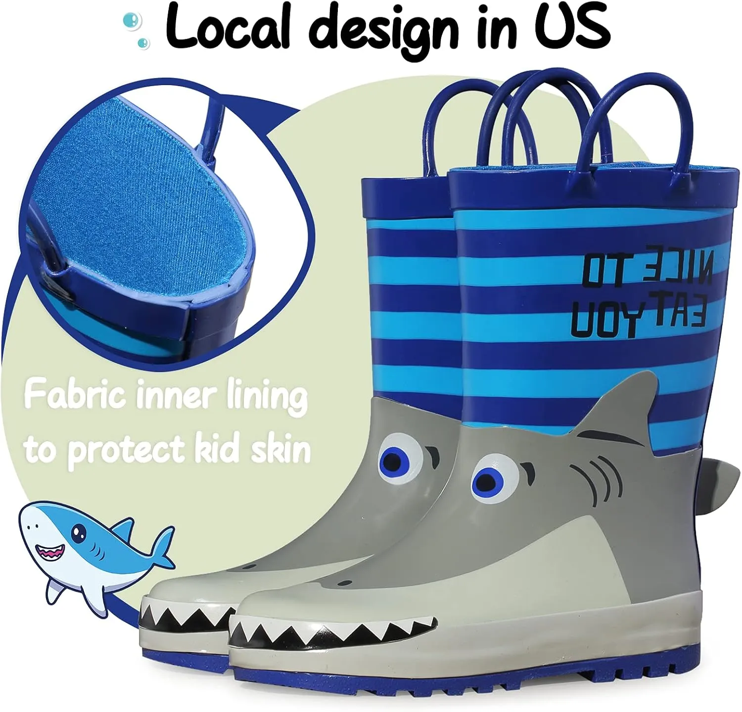 K KomForme Kids Rain Boots Waterproof Printed Rubber boots with Handles