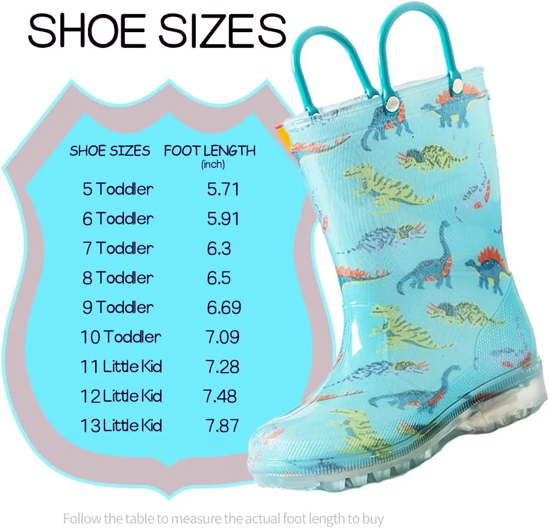 Kids Rain Boots, Waterproof Light up Rain Boots with Easy-on Handles for Boys and Girls
