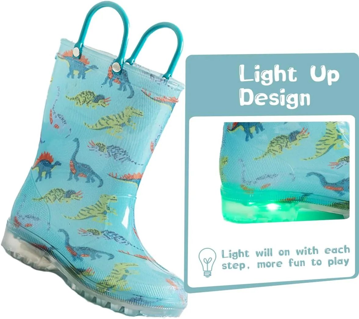 Kids Rain Boots, Waterproof Light up Rain Boots with Easy-on Handles for Boys and Girls