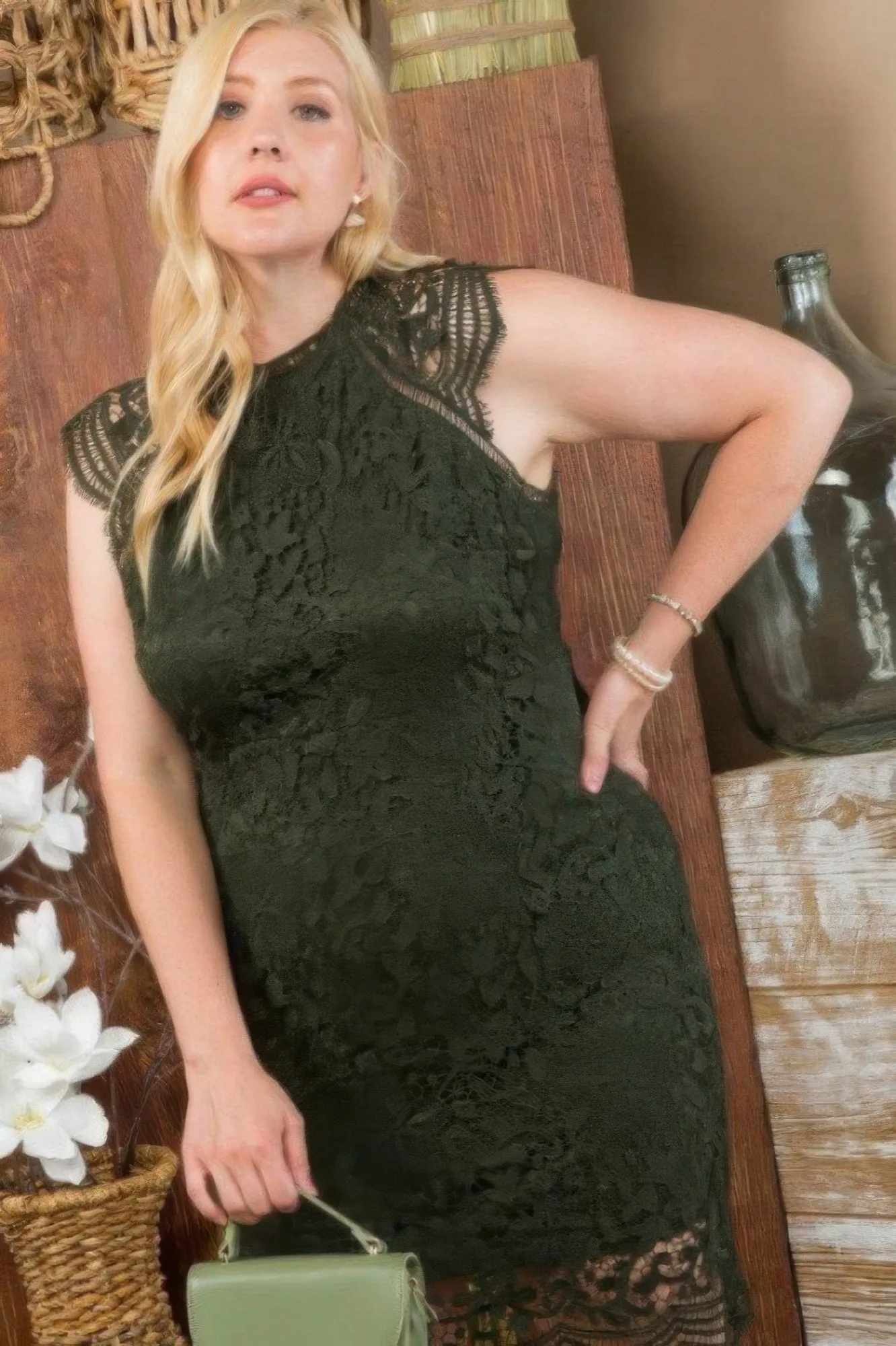 Lace Crochet Mini Raglan Dress With Zipper Back (Plus Size)
