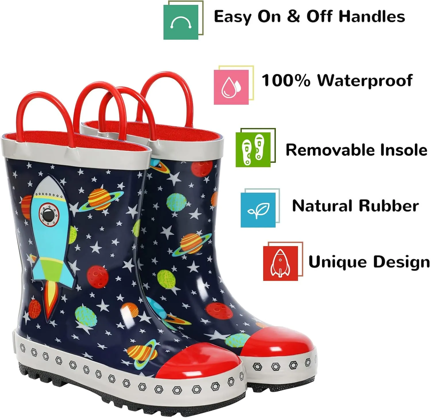landchief Toddler Rain Boots, Kids Rain Boots Waterproof Rubber Boots for Girls and Boys with Fun Patterns and Easy-On Handles